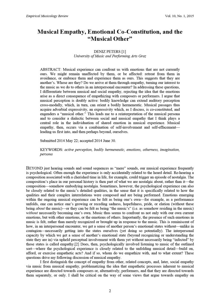 ‘Musical Empathy, Emotional Co-Constitution, and the “Musical Other”’, Empirical Musicology Review 10:1 (2015), pp. 2-15.